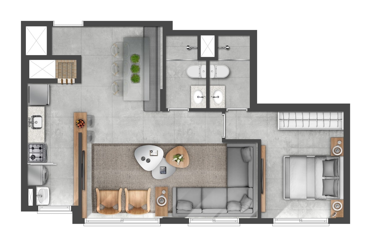 Apto 2D living estendido (Torres maiores)