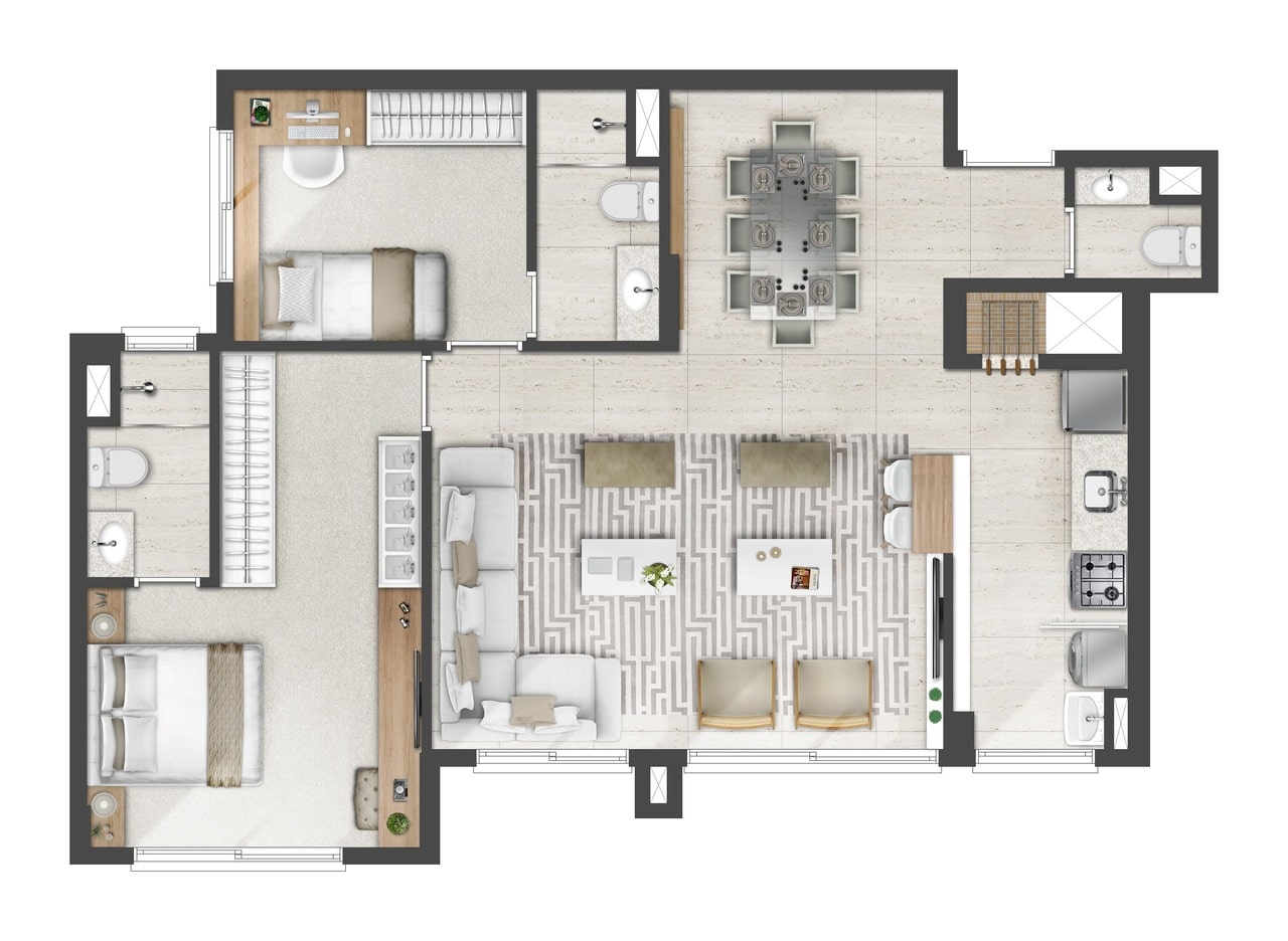 Apto 3D com living estendido (Torres maiores)